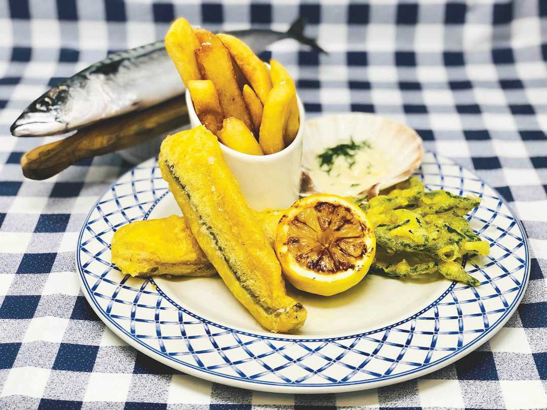 Crispy battered mackerel dish