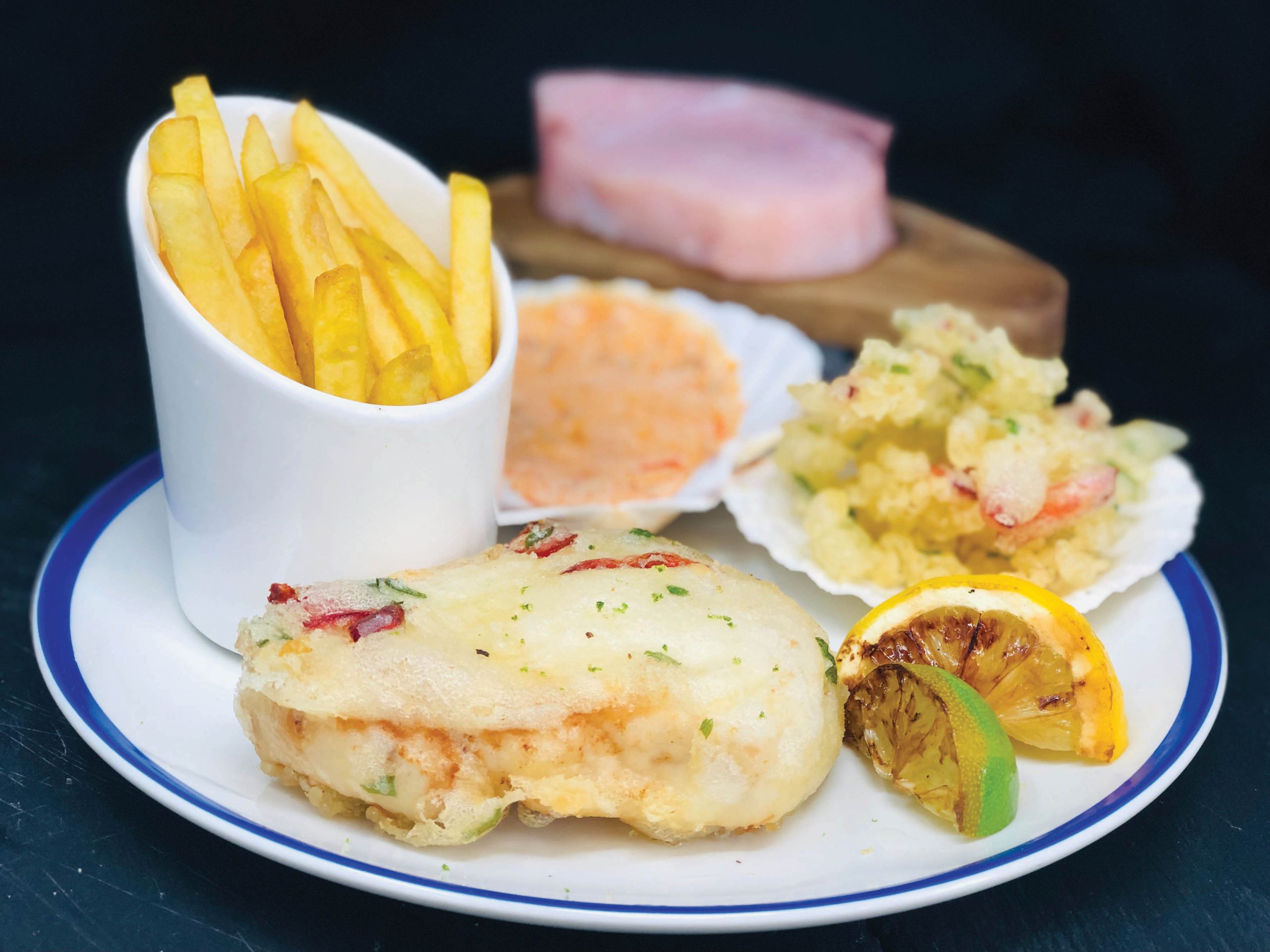 Tempura Battered Swordfish Steak served