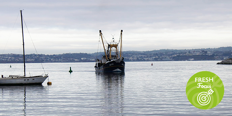 Fishing boat scene with fresh focus logo