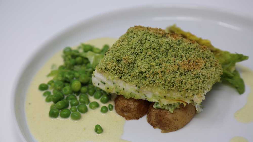 Baked Halibut persillade dish