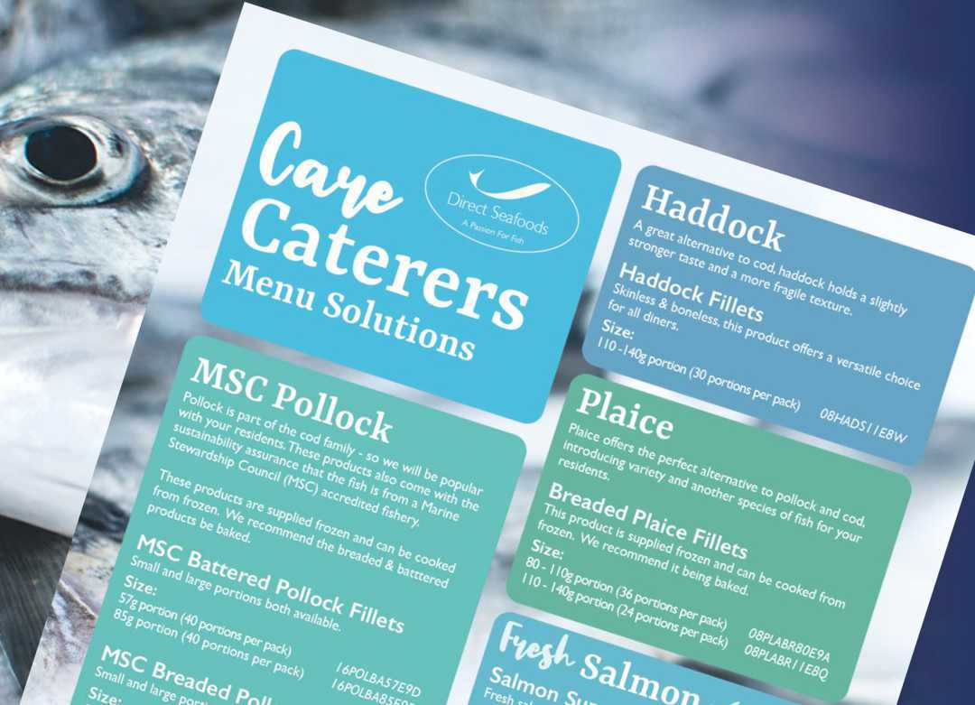 Preview of the Care Caterers Menu Available which highlights seafood menu options