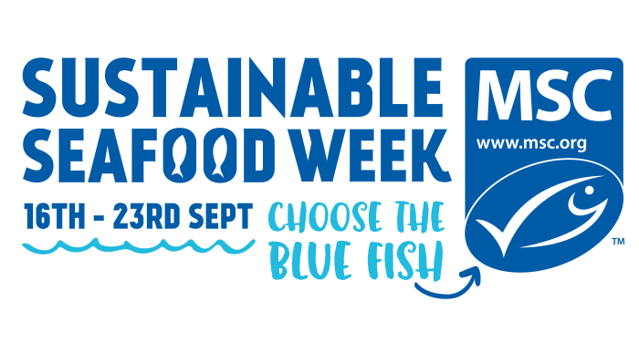 Logo for msc sustainable seafood week. Explains the dates of the event, 16th - 23rd sept and shows the msc logo.
