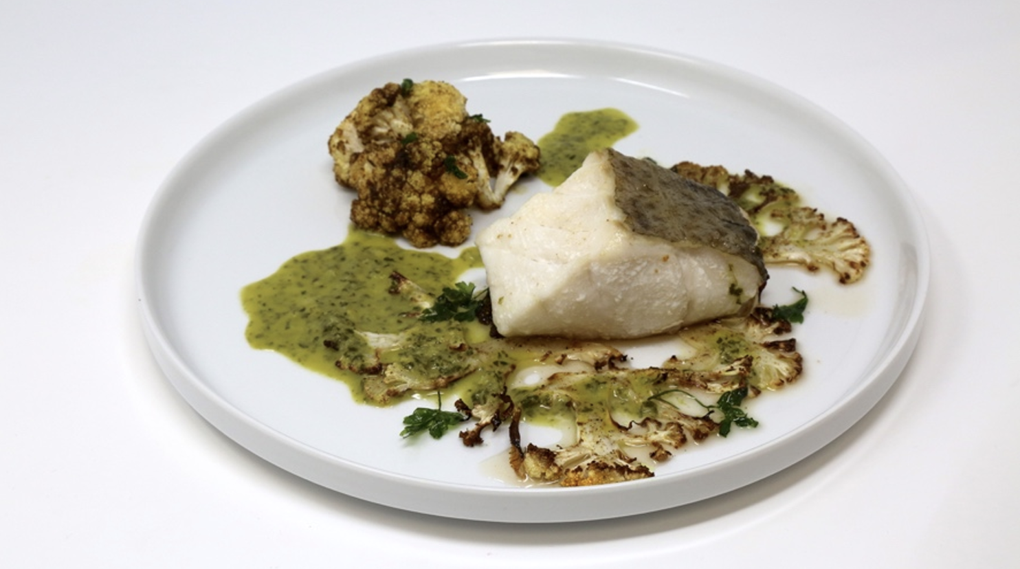 Skrei cod loin with roasted cumin spiced cauliflower dish