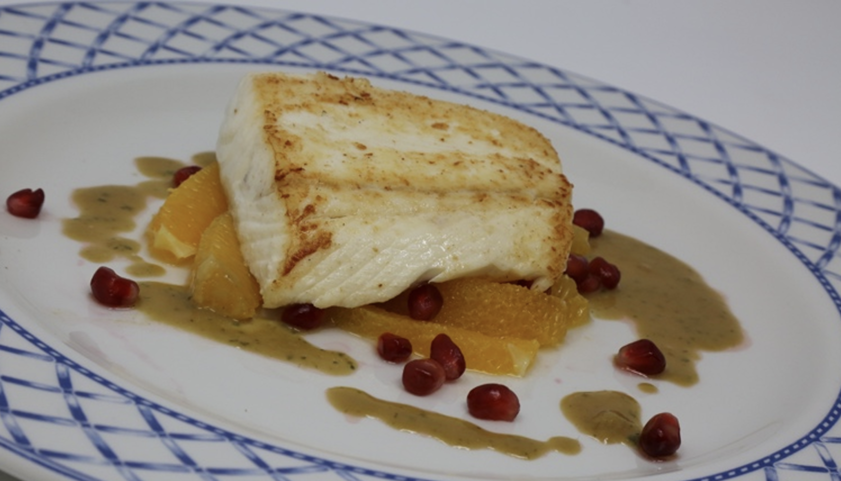 Baked Glitne halibut with blood orange dish