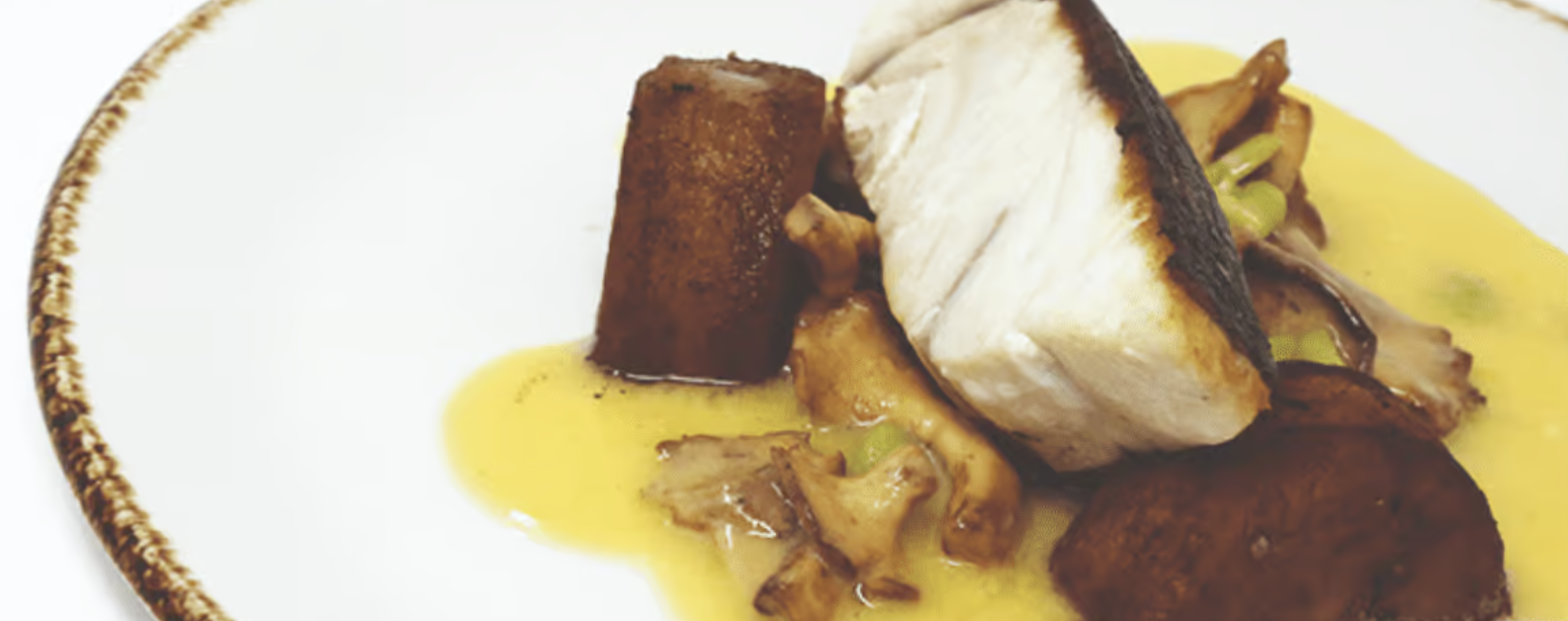 Pan Fried Stone Bass, Pied De Mouton Fricassee, Fondant Potato