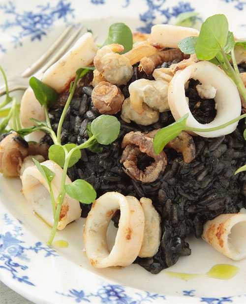 Squid Ink Risotto, Cuttlefish, Crispy Cockles